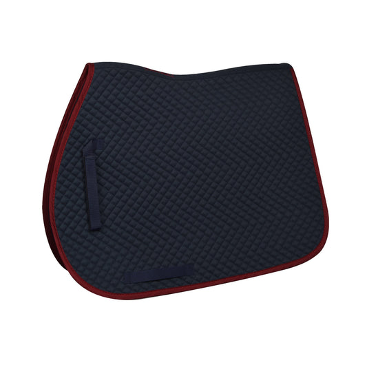 Navy blue saddle pad with red trim on a white background