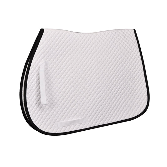 White quilted saddle pad with black border on a white background
