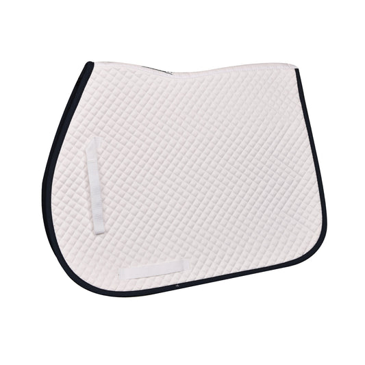 White quilted saddle pad with navyborder on a white background
