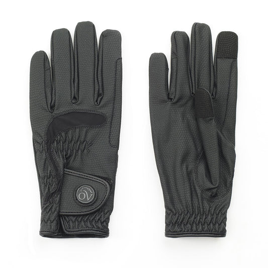 Pair of black gloves with a brand logo on a white background
