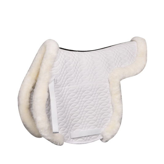 White quilted saddle pad with cream-colored fleece on a white background