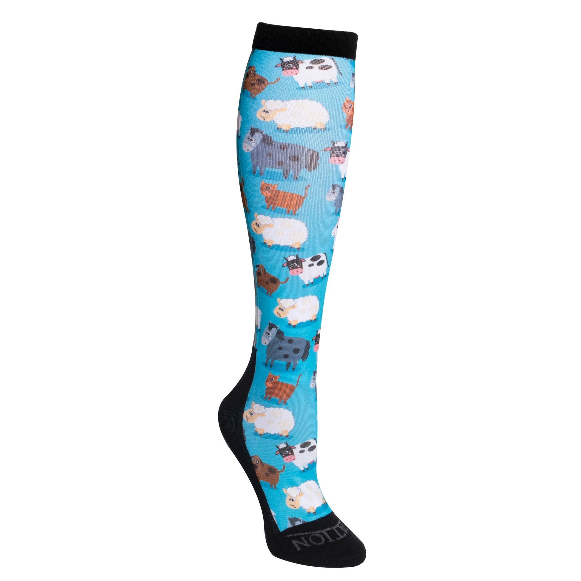 Knee-high sock with animal pattern on a blue background