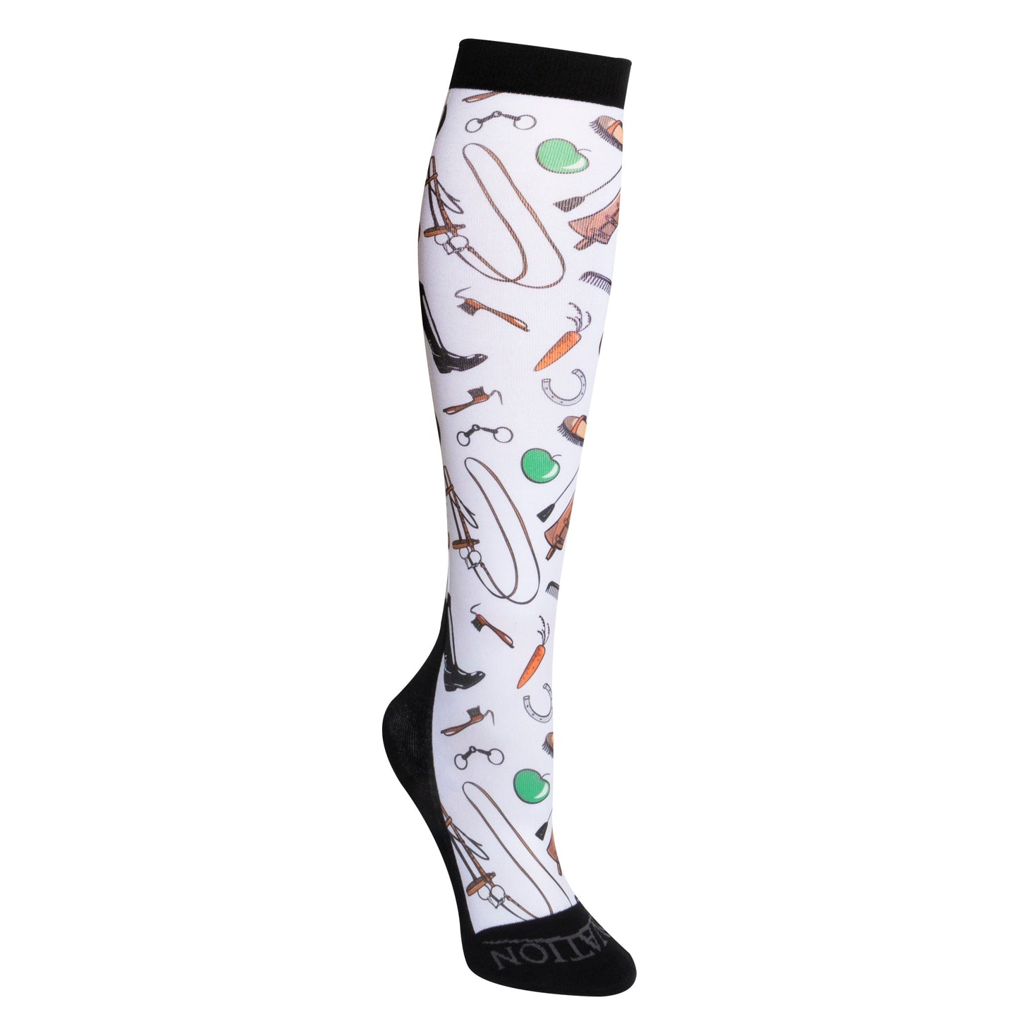 White knee-high sock with black trim featuring horse tack patter