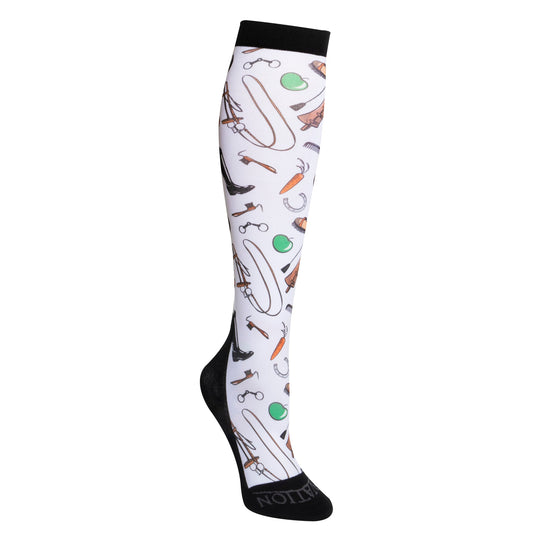 White knee-high sock with black trim featuring horse tack patter
