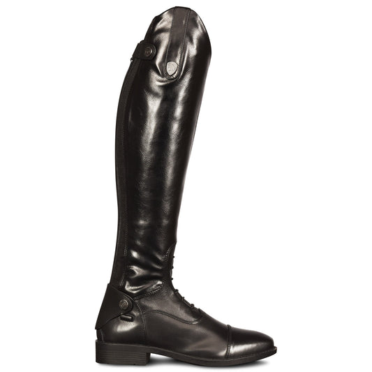 Black riding boot on a white background