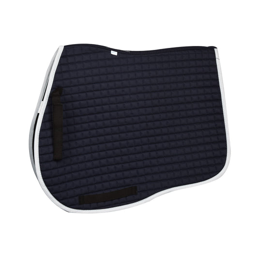 navy quilted saddle pad with light blue trim