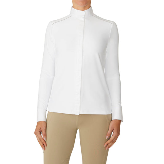 White long-sleeve riding shirt with grey trim.