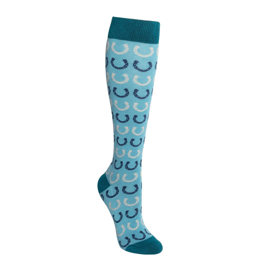 Light blue sock with horseshoe pattern on a white background