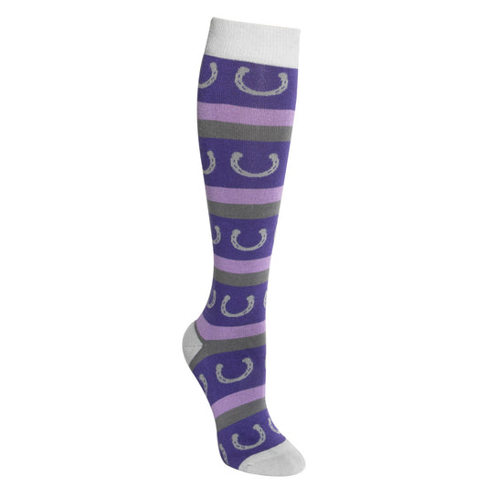 Purple knee-high sock with gray horseshoe pattern on a white background