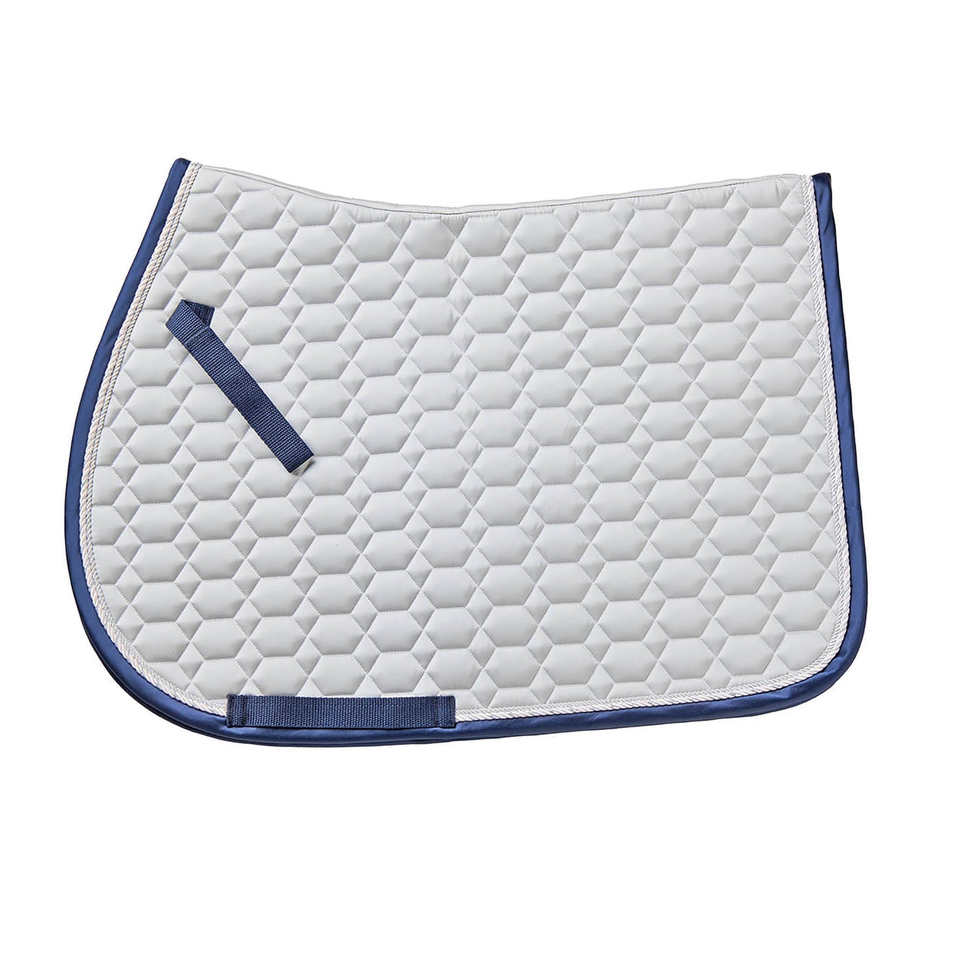 light gray quilted saddle pad with navy trim