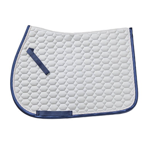 light gray quilted saddle pad with navy trim