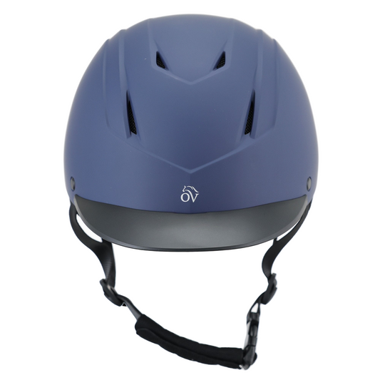 Blue riding helmet with black chin strap on a white background