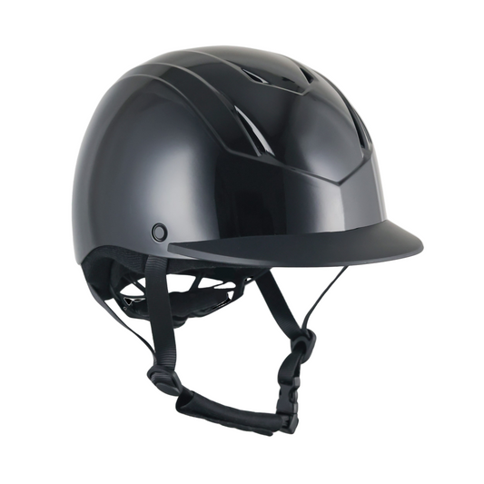 Black riding helmet on a white background