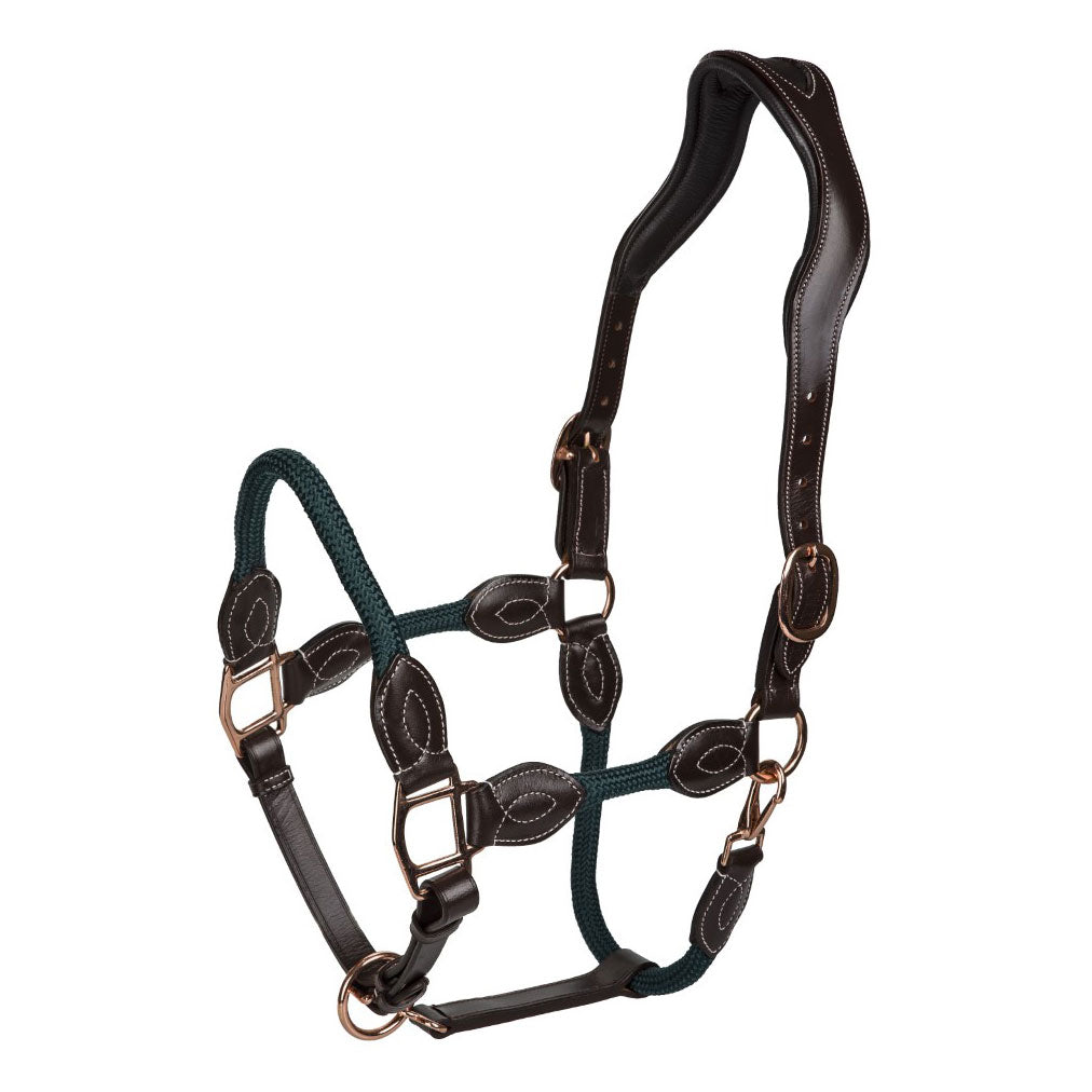 brown leather and green rope halter