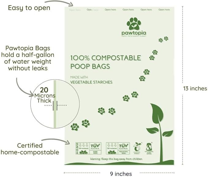 Biodegradable Dog Poop Bags, 60 Count, Certified Home Compostable, Leak-Proof, Easy Open, Standard Size, Supports Sustainable Living