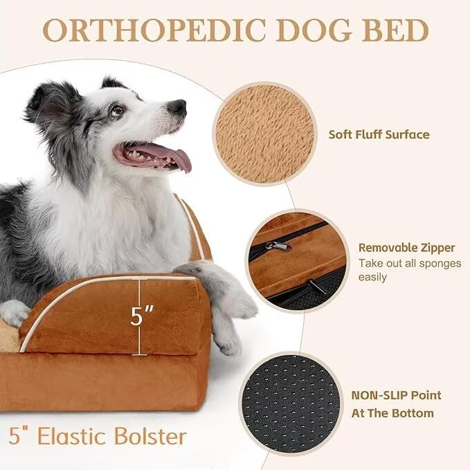 Comfort Expression XL Orthopedic Dog Beds, Waterproof Extra Large Dog Beds with Bolster, Washable Pet Sofa Couch with Removable Cover & Non-Slip Bottom(X-Large,Caramel)