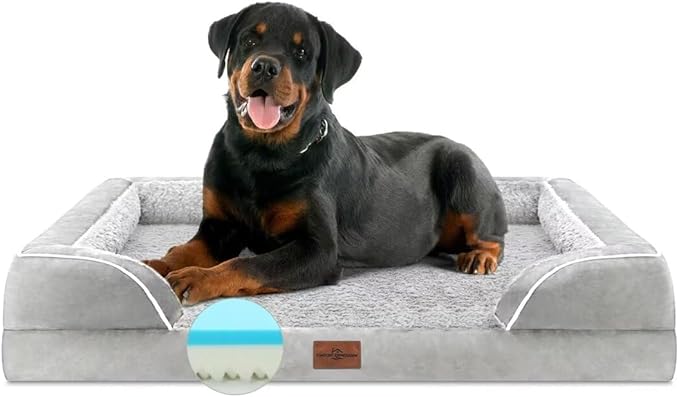 Comfort Expression Cooling Dog Bed, Orthopedic Memory Foam Dog Bed, Jumbo Beds for Extra Large Dogs, Large Breed Dogs Beds Waterproof with Bolster & Removable Cover(Jumbo,Light Grey)