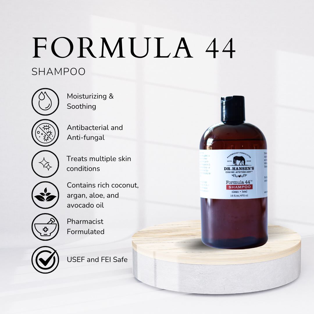 Dr. Jansen's Formula 44 shampoo bottle on a wooden stand with product features listed.