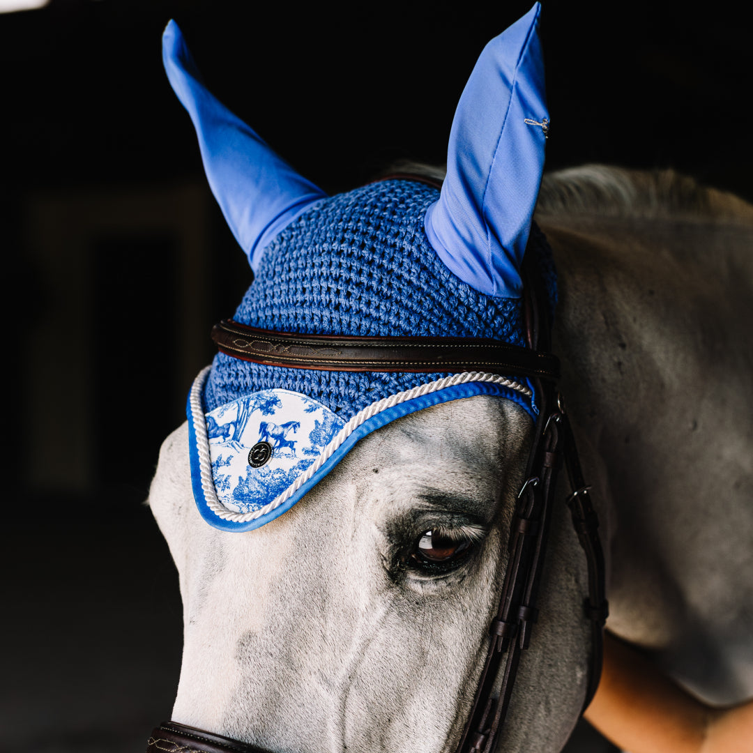 blue horse bonnet with printed flap