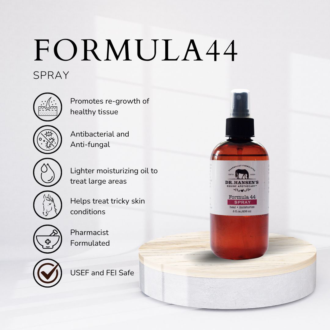 Dr. Hansen's Formula 44 spray bottle on a white background with product features listed.