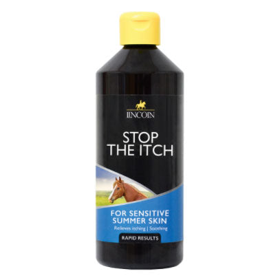 Bottle of 'Stop the Itch' product for horses on a white background