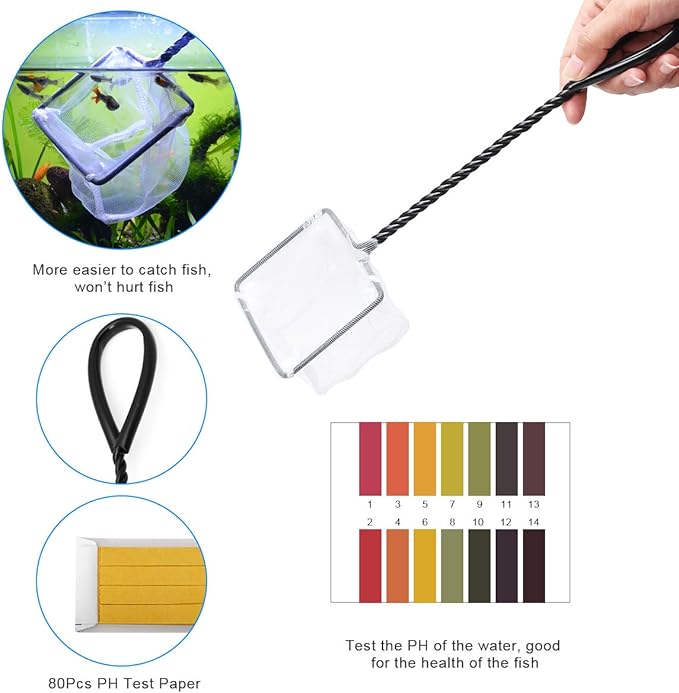 Luxiv Aquarium Aquascape Tools Kit, 6 in 1 A Aquatic Plant Aquascaping Tool Stainless Steel Tweezers Scissors Spatula for Aquarium Tank Clean Aquascape Tools with Fishing Net, 80P PH Paper