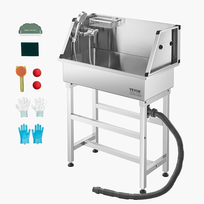 VEVOR Stainless Steel Dog Washing Station, 34 inch Pet Grooming Tub w/Faucet & Showerhead & Soap Holder & Play Balls Simple Dog Bathtub for Multiple Pets, Home Washing Sink