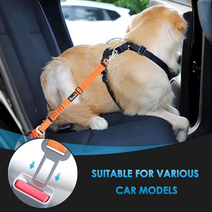 SlowTon Dog Seat Belt for Car, 2 Pack Dog Car Harness Seatbelt Adjustable with Elastic Bungee Buffer, 2 in 1 Pet Car Leash Headrest Restraint Dog Reflective Safety Tether (Orange, Headrest+Clip)