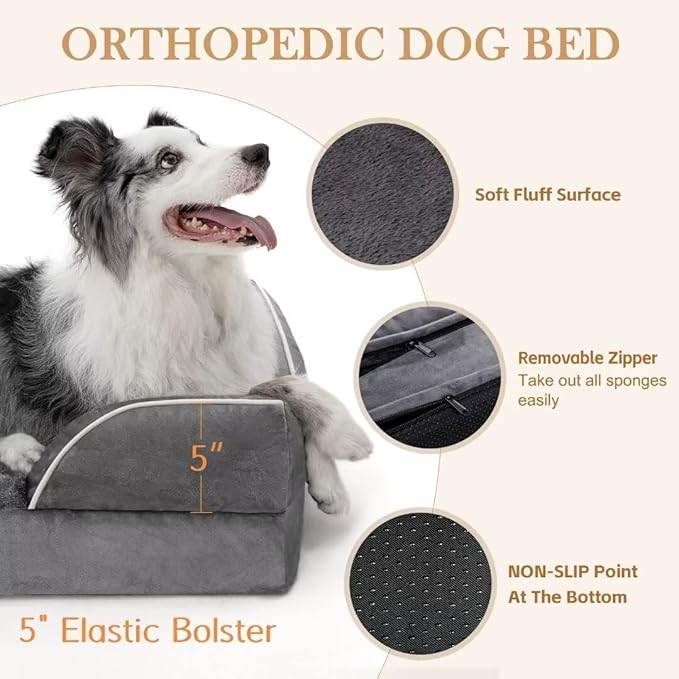 Comfort Expression XL Dog Bed with Bolster, Waterproof Orthopedic Foam Dog Beds for Extra Large Dogs, Washable Dogs Sofa Pet Bed with Removable Cover & Non-Slip Bottom(X-Large,Dark Grey)