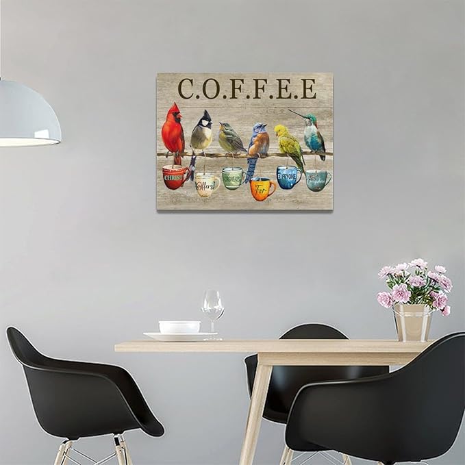 Rustic Bird Coffee Wall Art Kitchen Christ Coffee Pictures Wall Decor Farmhouse Cardinal Hummingbird Canvas Print Painting Artwork for Coffee Bar Living Room Bedroom 12"x16"