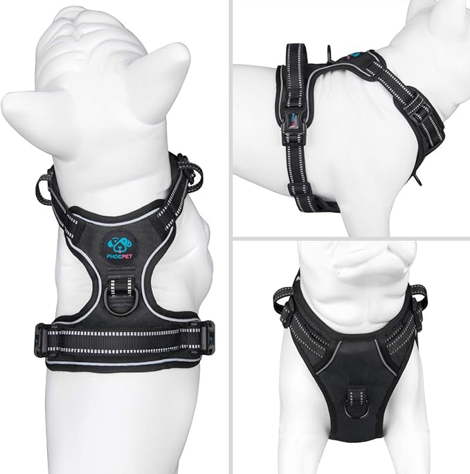 PHOEPET No Pull Dog Harnesses for Small Puppies Reflective Adjustable Front Clip Vest with 2 Metal Leash Attachment Hooks Soft Handle (S, Black)