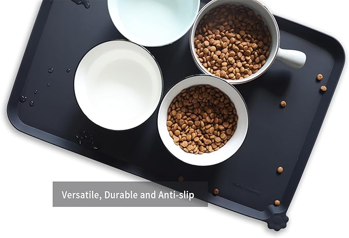 Hoki Found L Silicone Non Slip Pet Dog Cat Bowl Mats - Placemat, Waterproof Food Mats for Carpet - Black