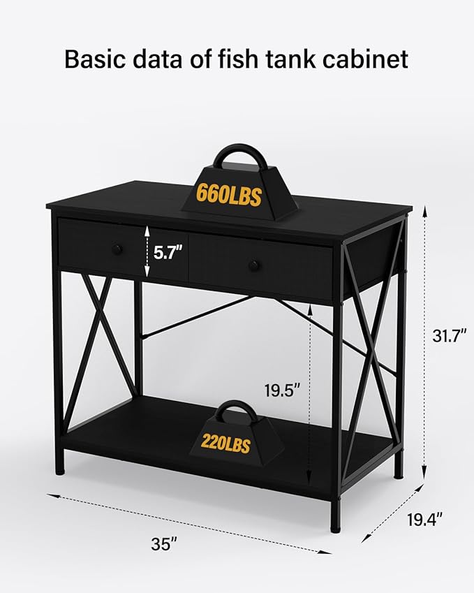 Fish Tank Stand 40 Gallon: Sturdy Aquarium Stand with Accessories Storage - Metal Fish Tank Table for 40-50 Gallon Reptile Breeder Turtle Terrarium - 35"X19.54" Weight Capacity 660 lbs
