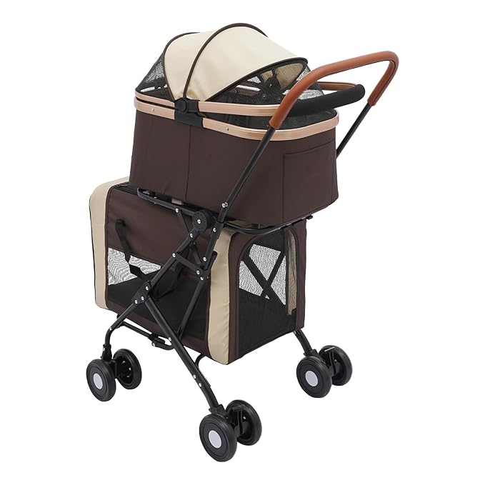 2-Layers Pet Stroller for 2 Cats/Dogs,Foldable Lightweight 77lbs Capacity Carrier, 4 Wheels, Removable Basket & Storage Pocket,for Small Pets (Coffee)