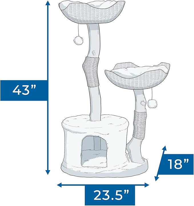 The Bungalow Cat Tree - Luxury Cat Condo, Large Modern Indoor Tower with 2 Faux Fur Beds, Scratching Posts, Toys, and Den for Cats, 23.5-Inch Width x 18-Inch Depth x 43-Inch Height
