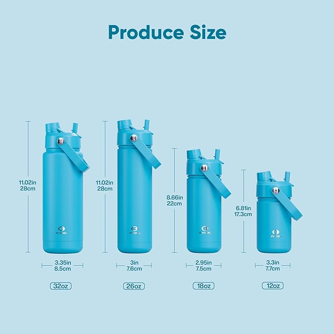Kids Insualated Water Bottle with Straw - 12oz Stainless Steel Water Bottle with Dual Spouts, Leak-Proof, BPA-Free, Double Wall Vacuum Keeps Cold for 24 Hours for Sports, Travel, School (Azure Blue)