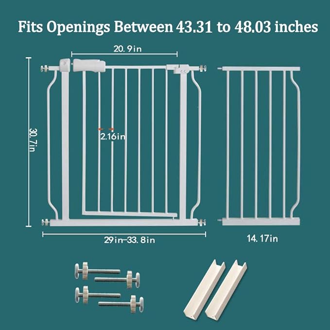 ALLAIBB Extra Wide Pressure Mounted Baby Gate Walk Through Child Kids Safety Toddler Tension White Long Large Pet Dog Gates with Extension for doorways Kitchen (43.31-48.03"/110-122cm)