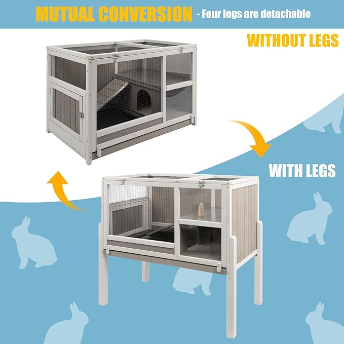 Guinea Pig Cages Indoor, Wooden Guinea Pig Cages with Stand, Rabbit Cage Hutch with Ramp and Hideout, Small Animals Cage Habitat with Not Leakage Pull Out Tray