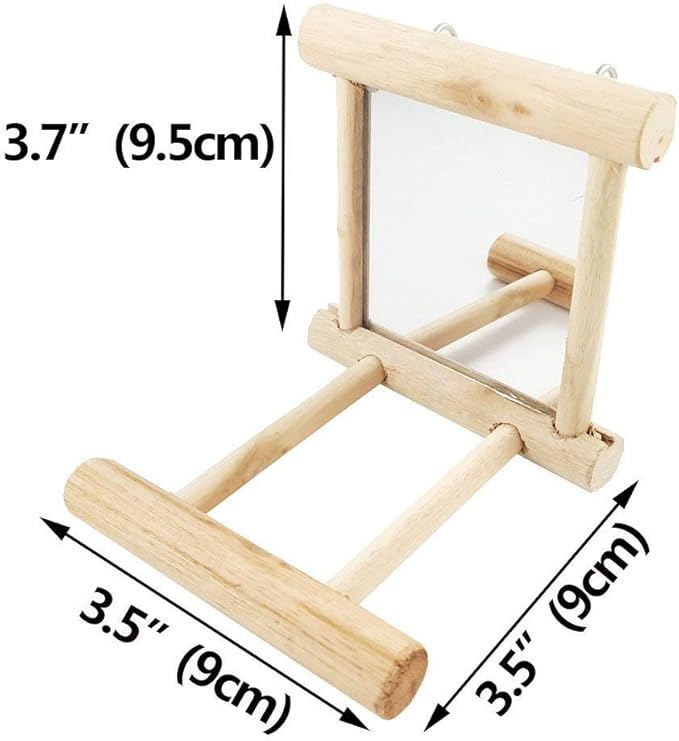 Bird Mirror with Swing and Perch for Parakeets Cockatiels Lovebirds Finches - Wooden Interactive Hanging Cage Toy, 3.7 x 3.5 x 3.5 Inch, 1 Pack
