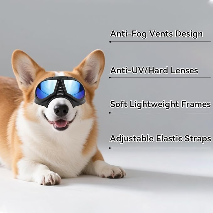 Small Dog Goggles Windproof for Small-Medium Breeds Dog Sunglasses Anti-UV with Adjustable Straps - Blue