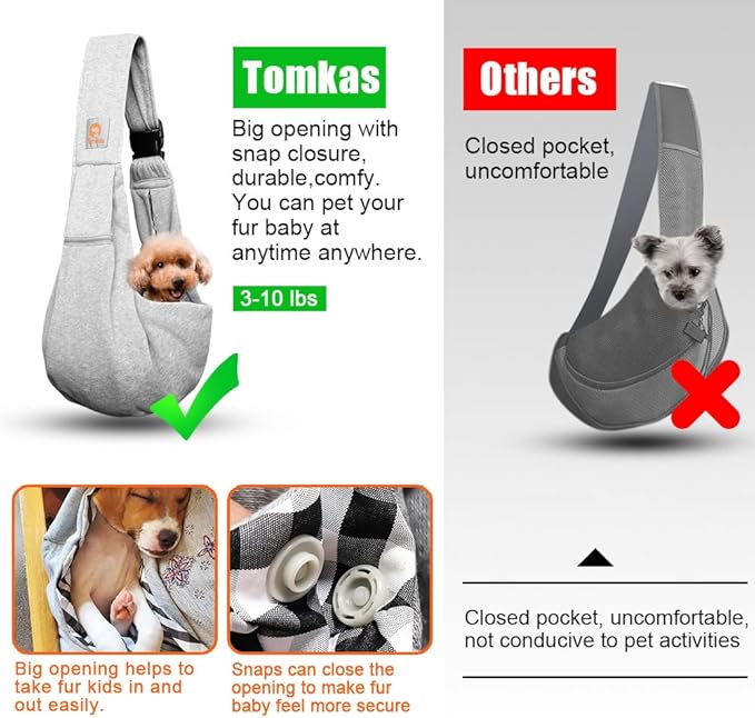Tomkas Small Dog Sling Carrier - Zipper Pocket & Adjustable Strap - for 3-10 lbs Pets(Grey) Puppy