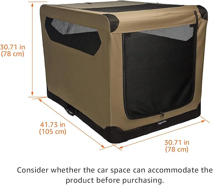 Amazon Basics Dog Crate, Travel Dog Kennel Double Door Collapsible, Lightweight Soft-Sided Folding, Portable Dog Cage, XL 42" x 31" x 31", Tan