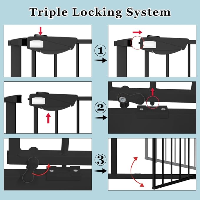 WAOWAO Triple Lock Baby Gate Extra Wide 39.76-43.7" Pressure Mounted Walk Through Swing Auto Close Safety Black Metal Dog Pet Puppy for Stairs,Doorways,Kitchen