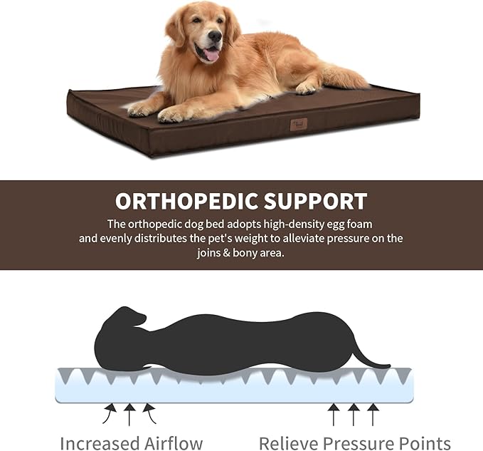 Outdoor All Weather XL Dog Bed, Waterproof Dog Bed for Extra Large Dogs, Orthopedic Egg Foam Pet Bed with Removable Washable Oxford Cooling Cover, Brown