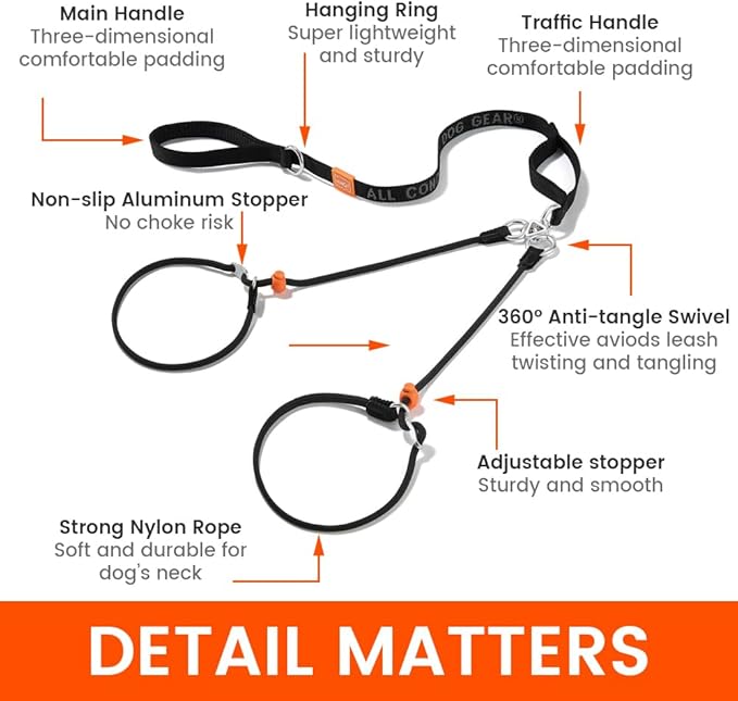 Howgo Double Slip Leash Slip Lead with Two Handles| Dual Dog Slip Lead for 2 Dogs,360° Swivel No Tangle | Dog Training Collar | Double Clip Leash Coupler and Splitter (Green, 6FT)