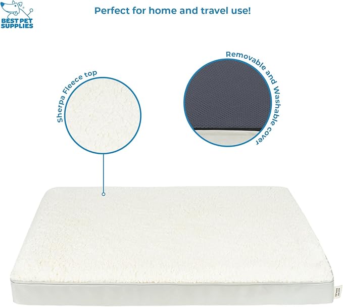 Best Pet Supplies Cute Dog Crate Mat Flat Bed with Waterproof Exterior, Thick Orthopedic Egg Foam Mattress, and Soft Sherpa Fleece Cover for Small, Medium, and Large Breeds - Beige, 35X22X4