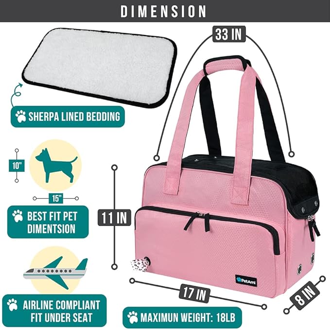 PetAmi Small Dog Purse Carrier, Soft-Sided Pet Carrier Bag with Pockets, Portable Puppy Cat Travel Handbag Tote, Airline Approved Breathable Mesh, Poop Bag Dispenser, Max 18 lbs, Pink