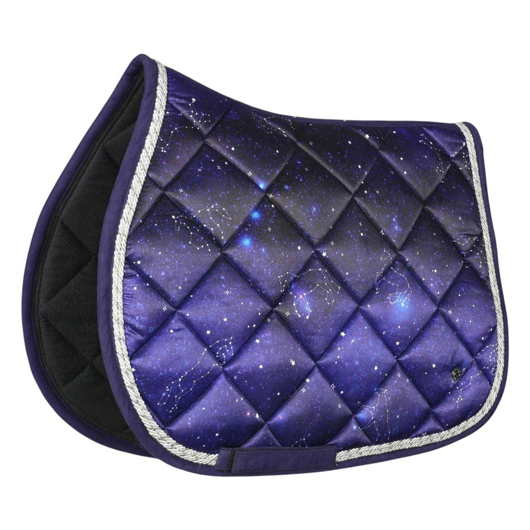 Purple quilted saddle pad with star pattern on a white background