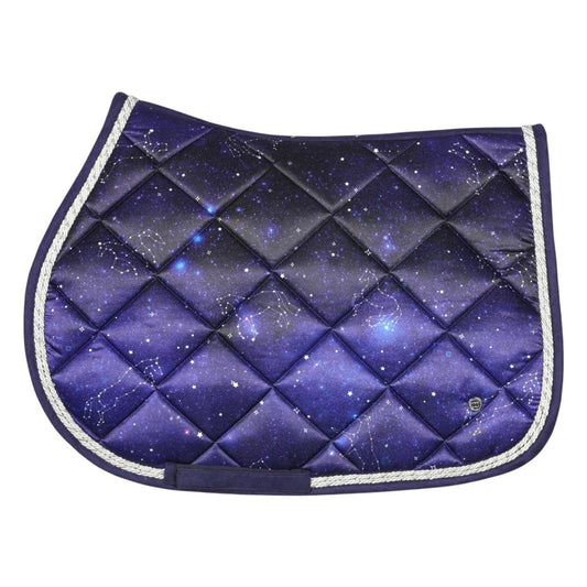 Purple quilted saddle pad with galaxy pattern on a white background