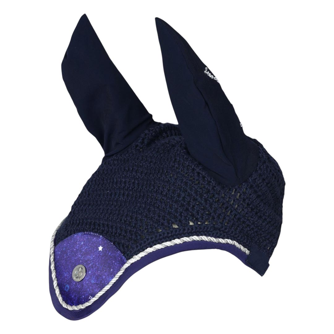 navy ear bonnet with printed flap